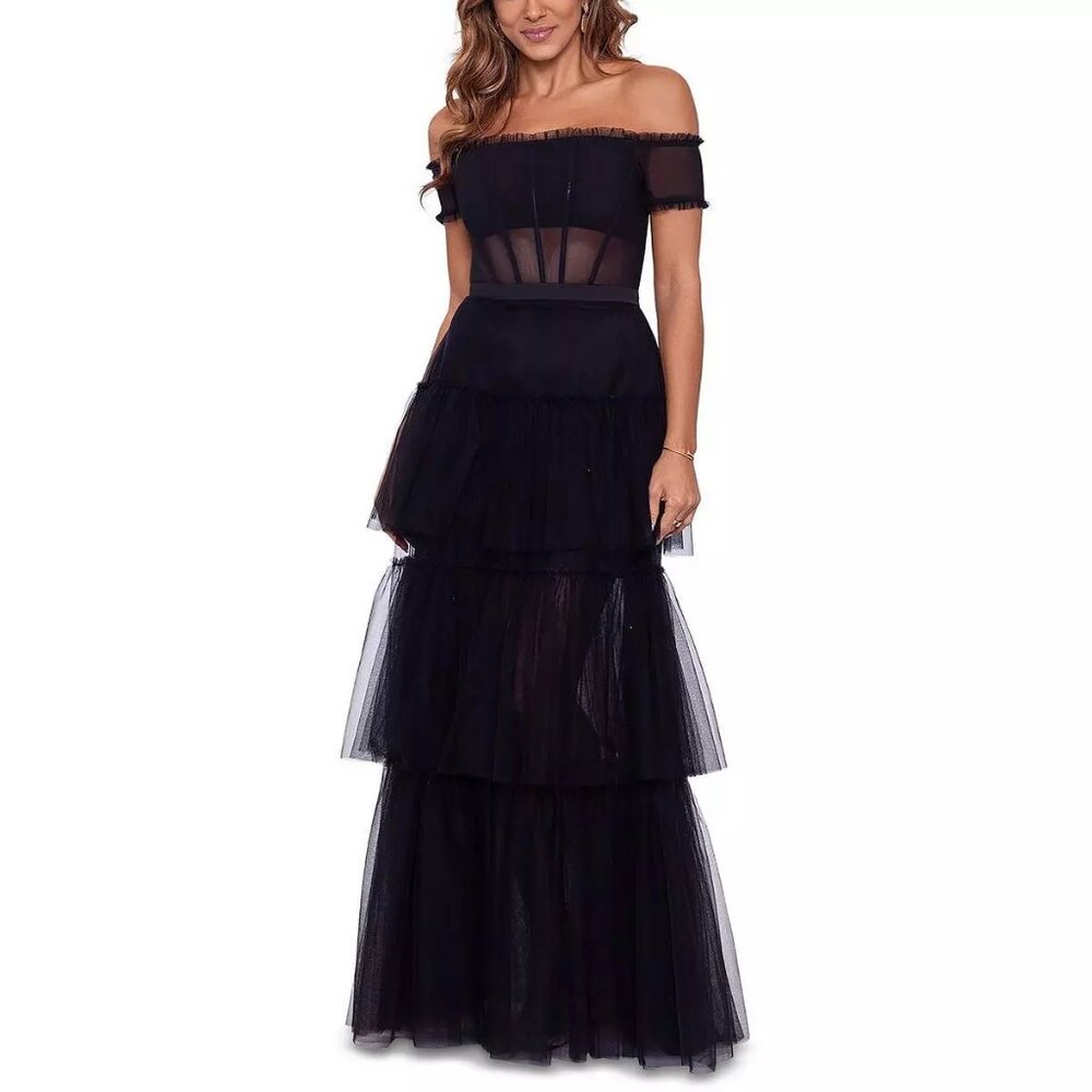 Betsy & Adam Womens Black Off-The-Shoulder Tiered Evening Dress Gown 0